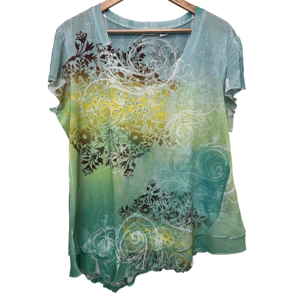 Cato Womens Top XL Green Teal Ombre Rhinestone Asymmetrical Fairy‎ Mermaidcore